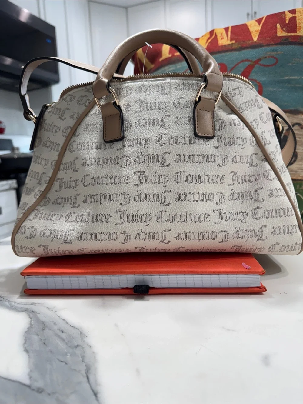 Juicy Couture Beige and Tan Logo Dome Satchel with Gold Charm